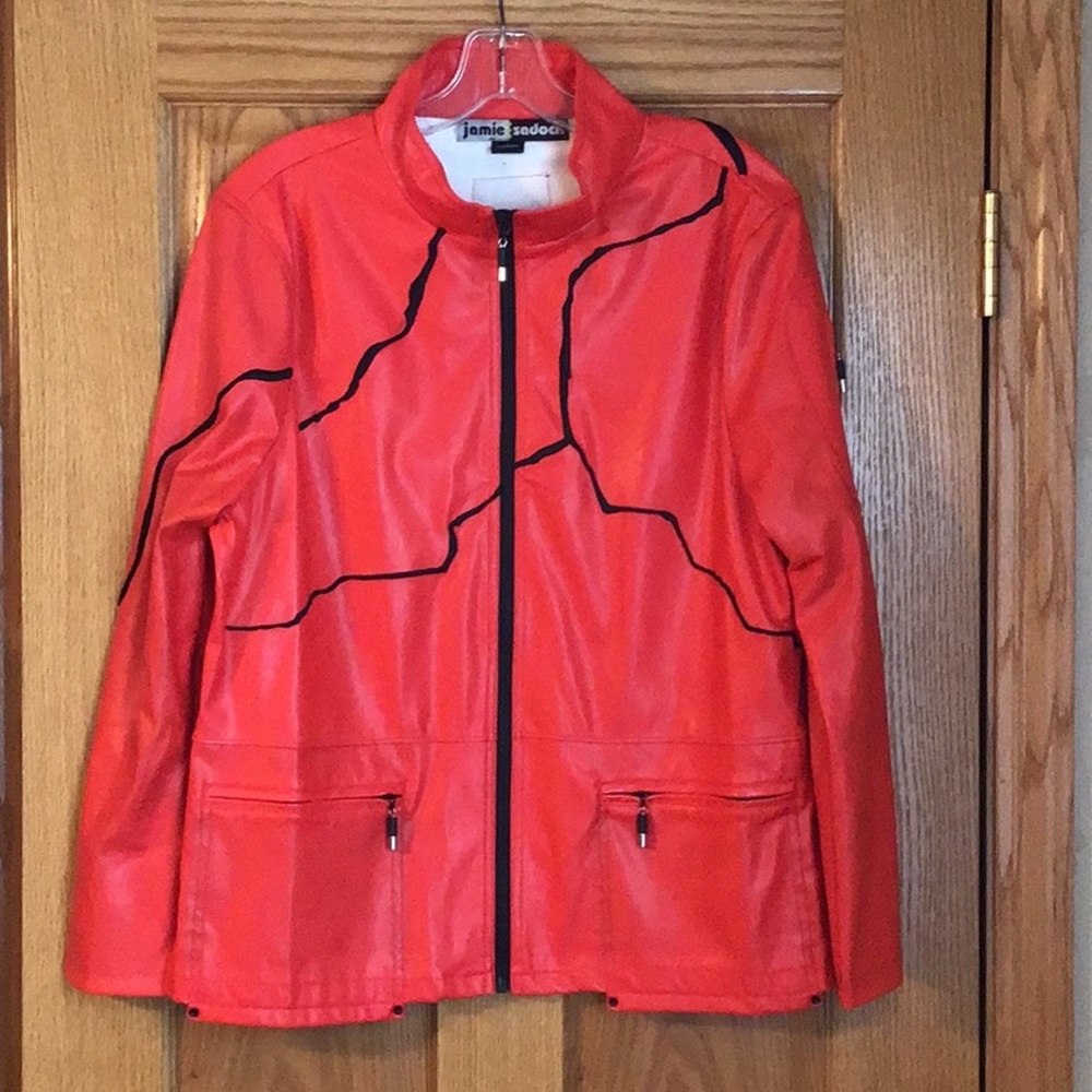 Jamie Sadock Red Vinyl Jacket with Black Trim in Size Medium